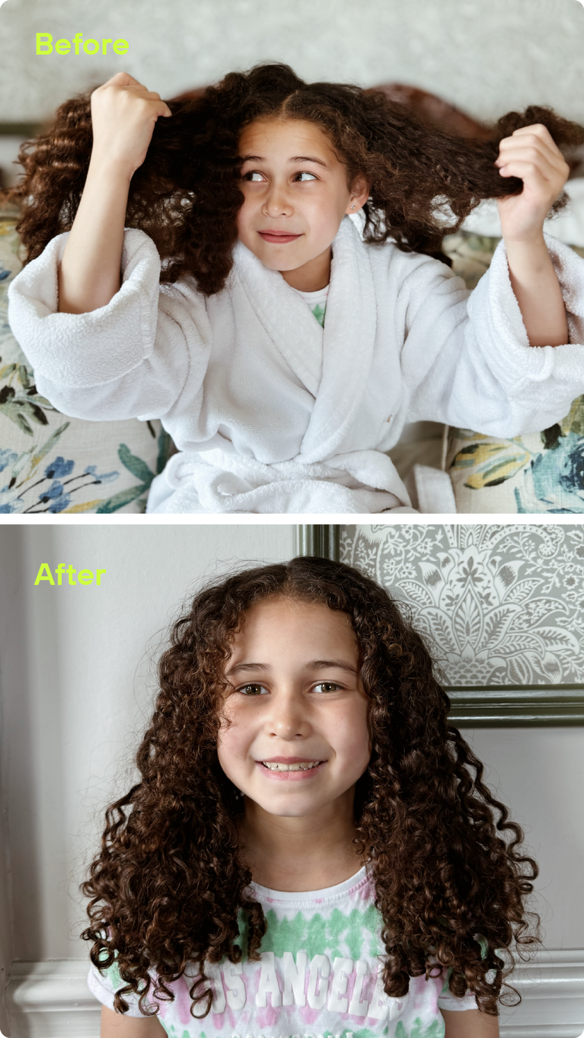 A child’s curly hair before and after styling with CurlyCo